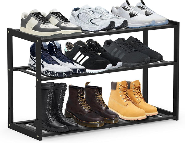 Jripae Bamboo Shoe Rack for Entryway, Stackable 3 Tier Shoe Organizer Shelf