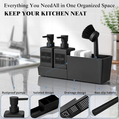 Set 4-in-1 Kitchen Soap Dispenser with Sponge Holder and Brush for Sink Rack Hand Soap and Dish Soap Dispensers Black