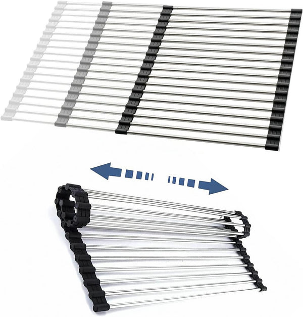 Expandable Large Roll Up Dish Drying Rack, Collapsible Over The Sink Non-Slip Silicone Rack for Kitchen