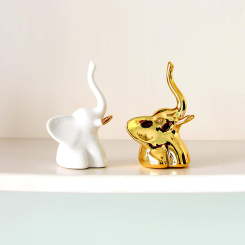 Home Decor Elephant Statues - 1 Pair of Small Decorative Accents for Living Room and Bedroom, Gold and White