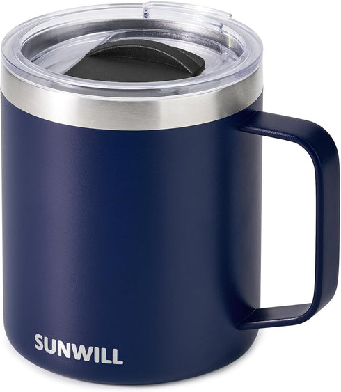 SUNWILL Insulated Coffee Mug with Lid, 14oz Travel Tumbler with Handle, Stainless Steel Cup for Camping, Navy Blue