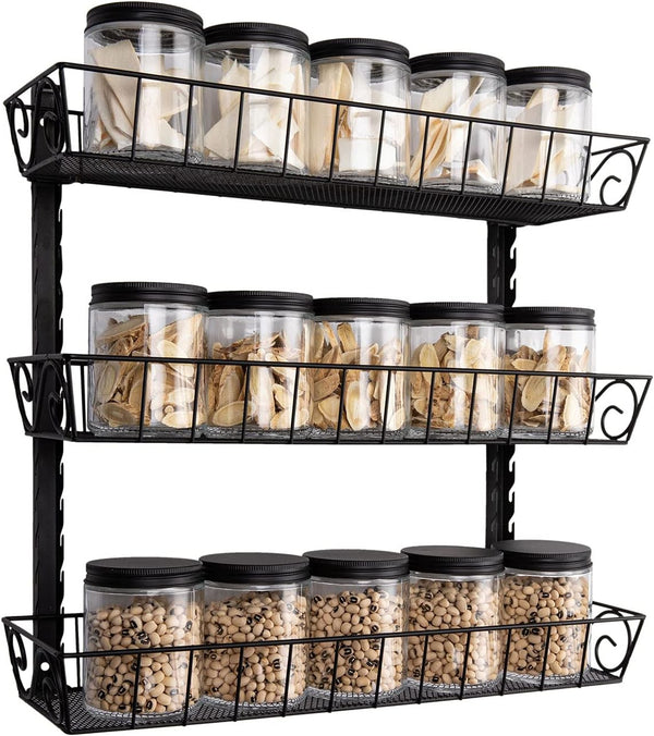 SWOMMOLY Adjustable Wall Mount Spice Rack, 3-Tier Dual-use Organizer, Black