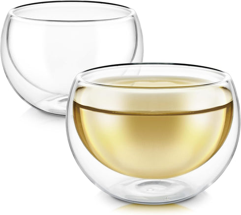 Teabloom Teacups - Double Walled Insulated Glasses - Set of 2 (3.4oz / 100ml) Heatproof Borosilicate Tea and Espresso