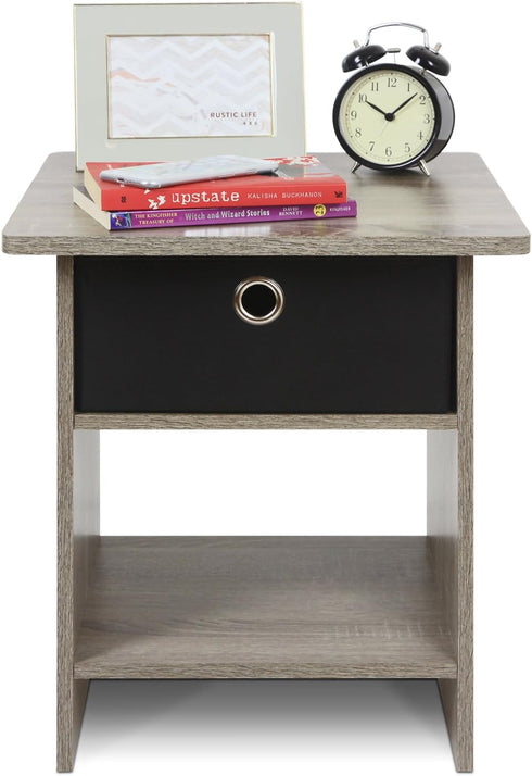 Furinno Dario End Table / Night Stand with Bin Drawer, 1-Pack, French Oak Grey/Black