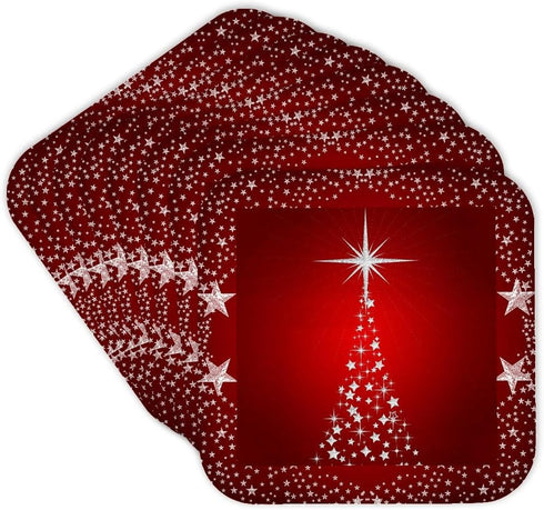 3dRose Silver Star Christmas Tree Soft Coasters, Set of 8 with Holiday Red Background (CST_164753_2)