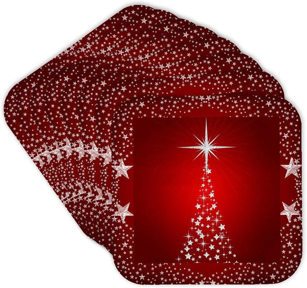 3dRose Silver Star Christmas Tree Soft Coasters, Set of 8 with Holiday Red Background (CST_164753_2)