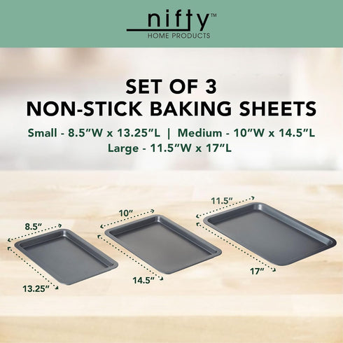 Nifty Cookie & Baking Sheets (Set of 3) – Non-Stick Coated Steel, Dishwasher Safe, Oven Safe up to 450 Degrees, includes Large/Med/Small Pans by Nifty Solutions