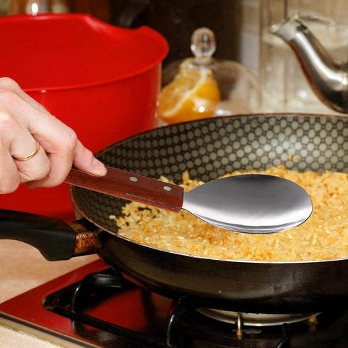 Rice Paddle 4 Pcs Japanese Rice Spatula Versatile Non Stick Serving Spoon with Wood Handle Tofu Scoop Stainless Steel Rice Spoons for Home Kitchen Large Soup Scoop