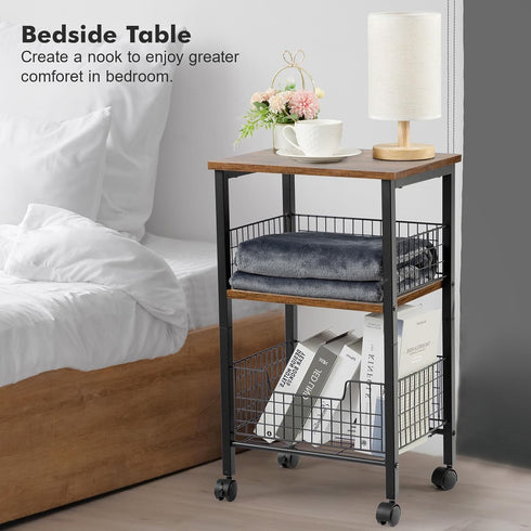 3-Tier Hadulcet Small End Table, Side Table with Storage Basket, Industrial Style Side End Table for Living Room