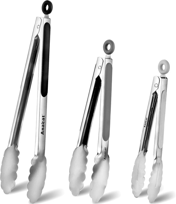 Anaeat Stainless Steel Locking Tong Set of 3 - Premium Kitchen Food Tongs with Non-Slip Silicone Tips for Cooking,