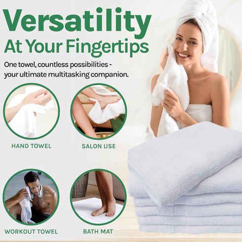 12 Pack 15X25 100% Towels N More Hand Towels - White Soft Cotton Ring Spun Loops - Highly Absorbent and Quick Drying