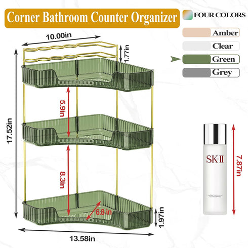 3-Tier Counter Countertop SUNZOS Corner Bathroom Organizer, Bathroom Organizer with Makeup Brush Holder, Vanity Makeup
