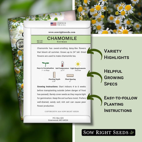 Packet (1) Sow Right Seeds - German Chamomile Seeds for Planting - Non-GMO Heirloom with Instructions to Grow Herbal