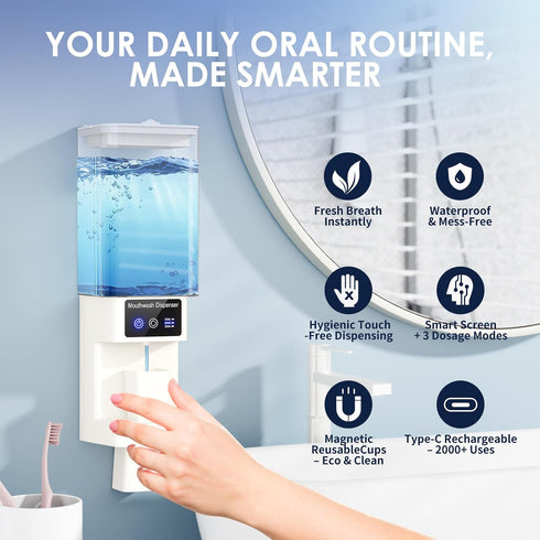 700ML Countertop, 3 Settings, Automatic Mouthwash Dispenser Touchless, Wall-Mount or Dispense Magnetic Cups, USB