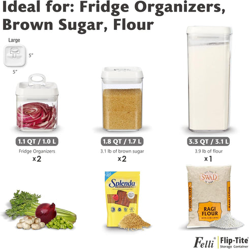 Felli Flip Tite Food Storage Container - 5” LARGE 5pk Set, Airtight Lid, Stackable Plastic Canister for Pantry