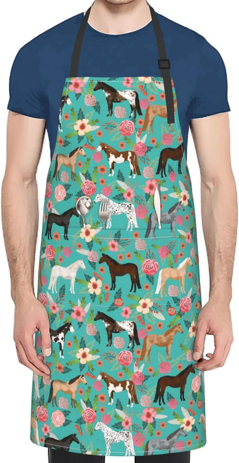 Floral Horse Print Waterproof Apron, Adjustable Neck Bib with 2 Pockets for Cooking Kitchen Gift