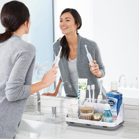 Marble Bathroom Countertop Organizer - Detachable 7 Slots Kids Electric Toothbrush and Toothpaste Holde Drainage for Bathroom Accessories Organization Counter Vanity Storage, Grey by GFWARE