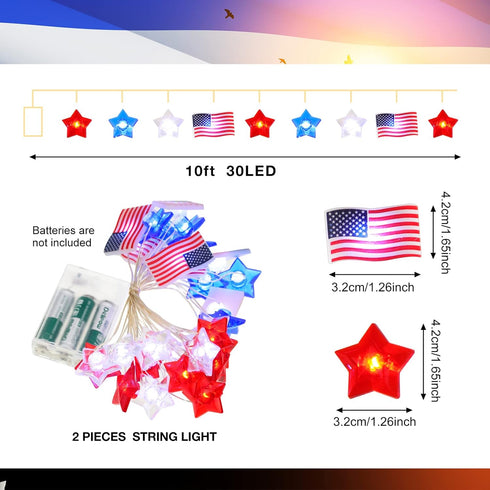2 4th 10ft 30 Zhanmai Pcs of July Decorations Lights Red White Blue String Lights LED Patriotic Stars American Flag