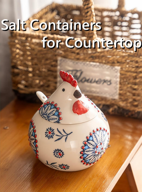 Frezonika 13 OZ Counter, Countertop Ceramic Salt Cellar with Lid and Spoon, Large Chicken Salt Jar, Salt Holder