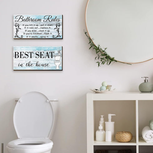 Jetec 2 Pieces Funny Bathroom Pictures Wall Sign Decor - Rustic Farmhouse Bathroom Rule Wall Art