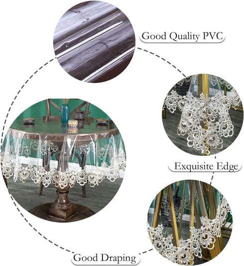 60 inch, Jeloris Plastic Clear Round Tablecloth Vinyl PVC Waterproof Tablecloth Embroidered Lace Edge Transparent Table