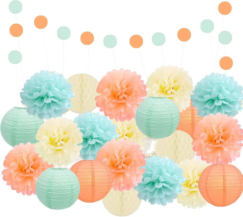 EpiqueOne 22-Piece Party Set - Tissue Paper Pom Poms in Mint, Ivory & Peach | Includes 12 Pom Poms, 6 Lanterns, 3