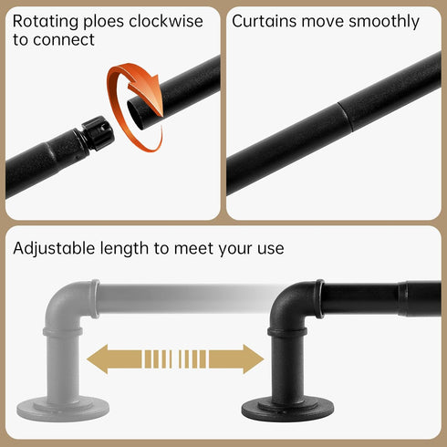 Industrial Curtain Rods for Windows 48 to 84 Inches, Blackout Wrap Around Curtain Rod, for Indoor and Outdoor, 7/8 Inch Diameter, 65 to 105 Inches, Black