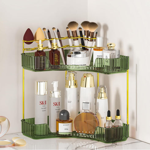 SUNZOS Bathroom Counter Organizer, Corner Vanity Cosmetic Storage with Makeup Brush Holder,