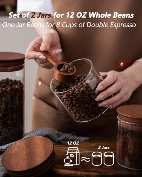 17 oz Sets 2 Coffee Canister with Scoop and Wooden Lids, Airtight Glass Coffee Beans Storage Container of for Ground