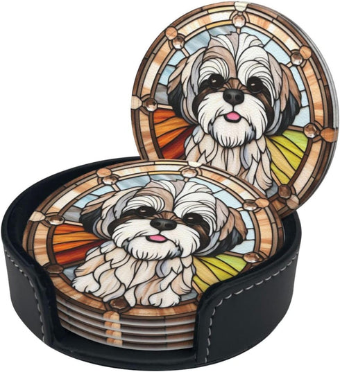 Set 6, Holder,6 Pack Drink Coaster of Shih Tzu Dog Mom Lover Gift,Leather Drink Coasters with Cup/Bar/Drink Coasters