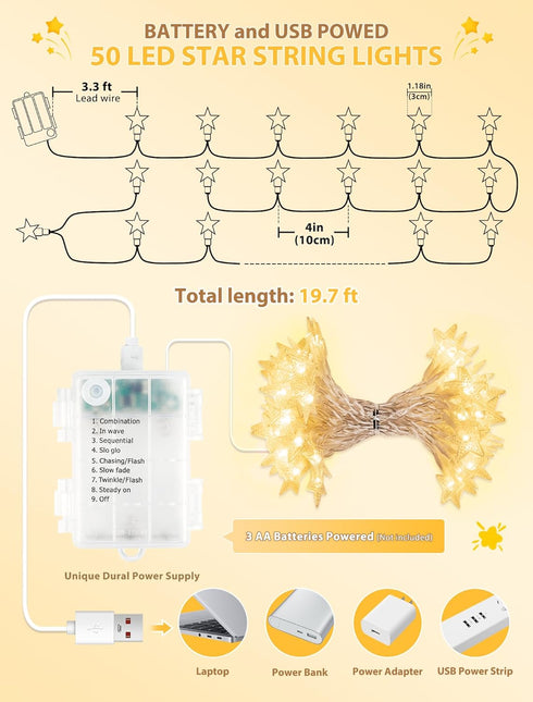 syosupviry Powered,19FT 50LED Star String Lights Battery&USB Star Fairy Lights with Remote, Hanging Star Lights