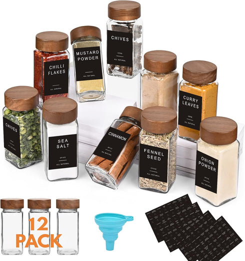 Yangbaga 12Pcs Glass Spice Jars with Labels - 4oz Empty Square Bottles with Acacia Wood Lid & Shaker Lids
