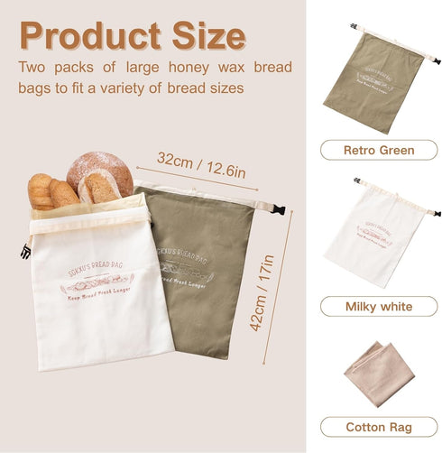 SGKXU 2 Pack Reusable Beeswax Bread Bags for Homemade Sourdough - XL Removable Cotton Linen Sourdough Storage Bags