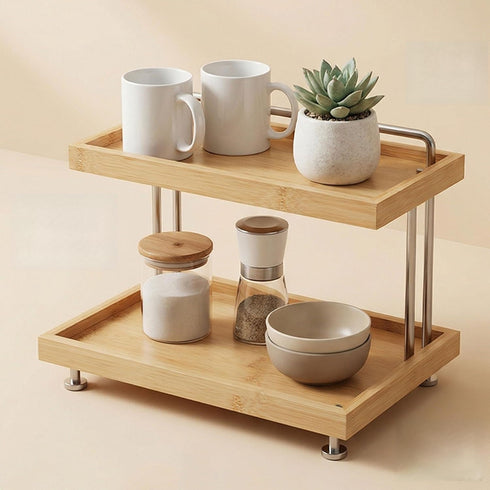 HYNAWIN Bamboo Two-Tier Storage RackTabletop Storage Organizer for Kitchen, Bathroom, Office, and