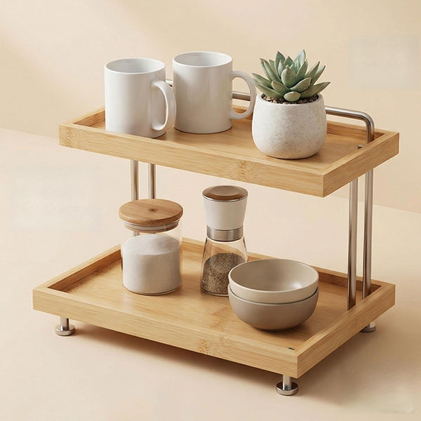 HYNAWIN Bamboo Two-Tier Storage RackTabletop Storage Organizer for Kitchen, Bathroom, Office, and