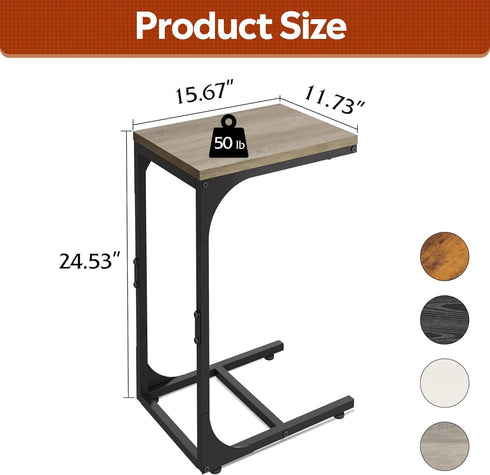 Compact Greige C Shaped End Table with Metal Frame for Living Room & Bedroom