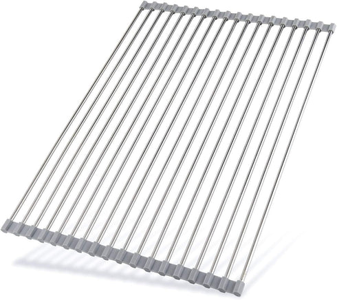 Roll Up Dish Drying Rack 20.5"x13.8" - Stainless Steel and Silicone Over The Sink Foldable Drain Rack, Gray