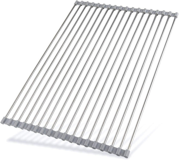 Roll Up Dish Drying Rack 20.5"x13.8" - Stainless Steel and Silicone Over The Sink Foldable Drain Rack, Gray