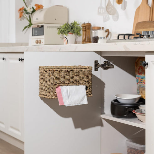 Countertop StorageWorks Trash Bag Holder with Lid, Wall Mount Seagrass Plastic Bag Holder for Kitchen, Cabinet