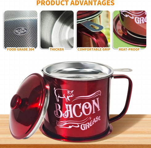QMET 1.3L Bacon,46oz Bacon Grease Saver Container with Fine Mesh Strainer,Stainless Steel Oil Keeper Can for Large