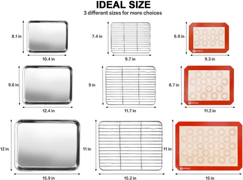 Stainless Steel Baking Sheet Tray with Silicone Baking Mat Set, Cookie Pan with Cooling Rack, Set of 9