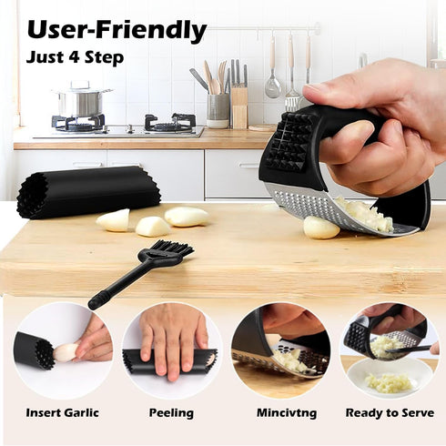 SetStainless Garlic Press Rocker Steel Garlic Mincer Tool with Garlic Peeler and Cleaning Brush Kitchen Gadgets