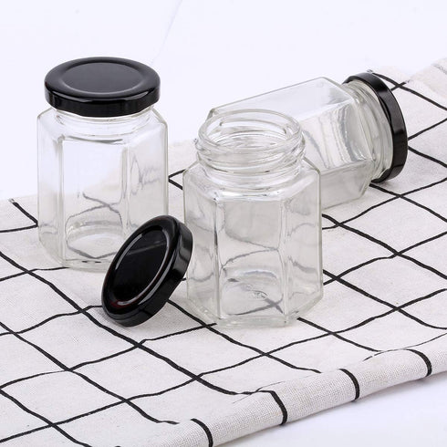 Encheng 4 oz 30 Pack Clear Hexagon Jars,Small Glass Honey Jars With Lids(Black),Mason Jars For Herb,Foods,Jams,Liquid