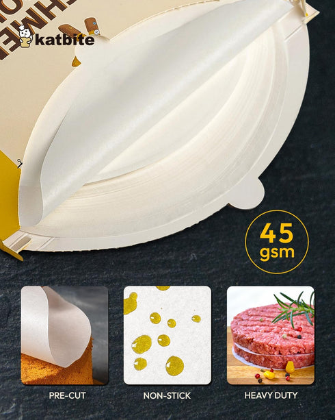 Katbite Heavy Duty Parchment Rounds 10 Inch, 200Pcs Round Parchment Paper Rounds for Cake Baking, Air Fryer Liners, and