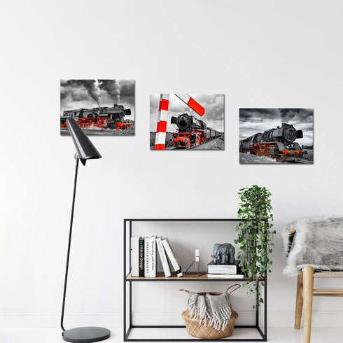 3 12x16inchx3pcs iKNOW FOTO Piece Canvas Wall Art Black and Red Steam Locomotive Train Poster Pritns Old Vintage Steam