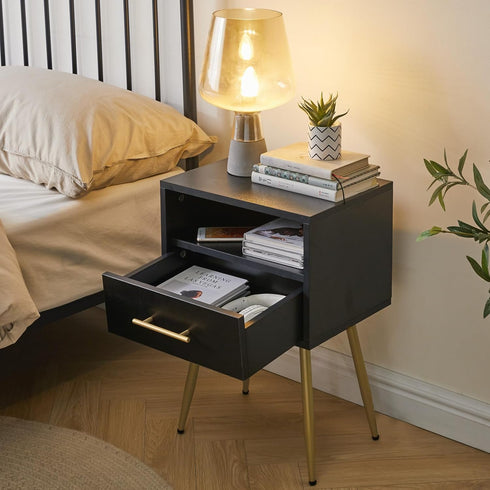 UWNS004B IBUYKE Nightstand, Mid Century Modern Night Stand, Bedside Table with Drawers and Open Storage Shelf, End Side