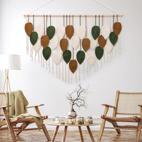 51.5" 33.5" KHOYIME Large Macrame Wall Hanging Boho Woven Tapestry, Chic Home Decor Modern Bohemian Handmade Leaf