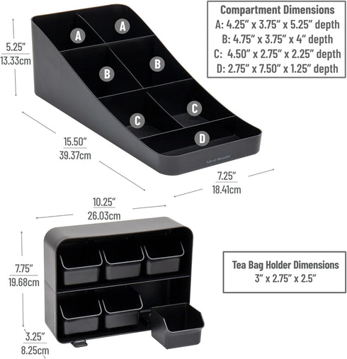Mind Reader Tea Storage Cup and Condiment Station, Set of 2 Countertop Organizer for Kitchen (Black)