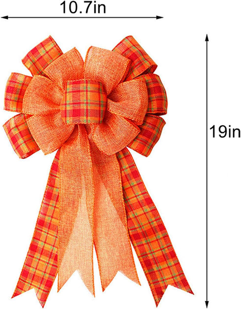 Large Orange Buffalo Plaid Burlap Bow for Thanksgiving, Fall, Christmas - Wreath, Tree Topper, Indoor/Outdoor Decoration