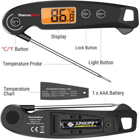 ThermoPro TP605 Instant Read Meat Thermometer: Waterproof Digital Probe for Cooking, BBQ, Grilling